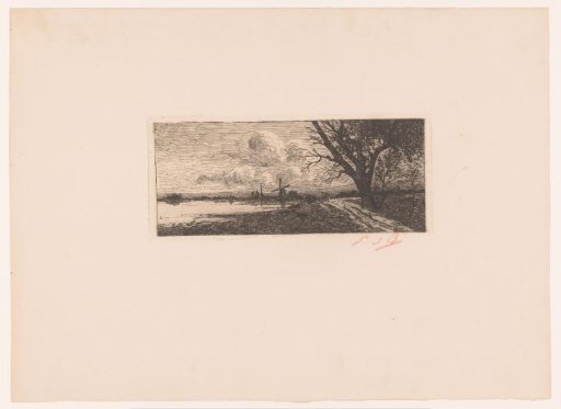 Landscape with a country road along a lake and a village in the background