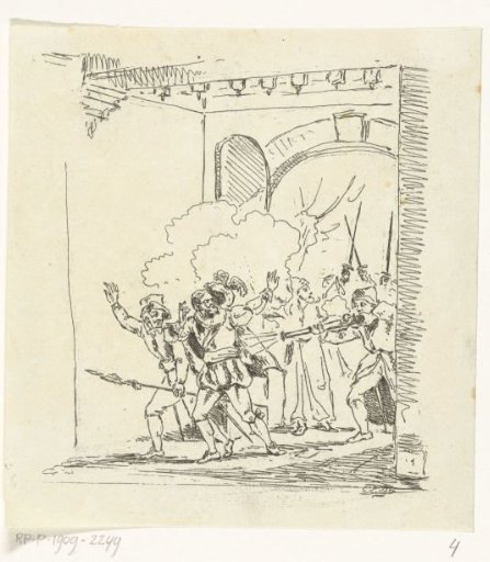 Soldiers breaking through fort entrance and shooting a man down