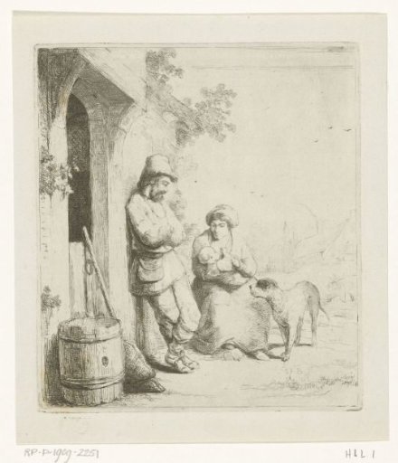 Man and woman with child at the door of a house