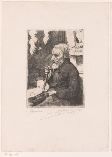 Beggar with Stick and Hat Sitting on a Step
