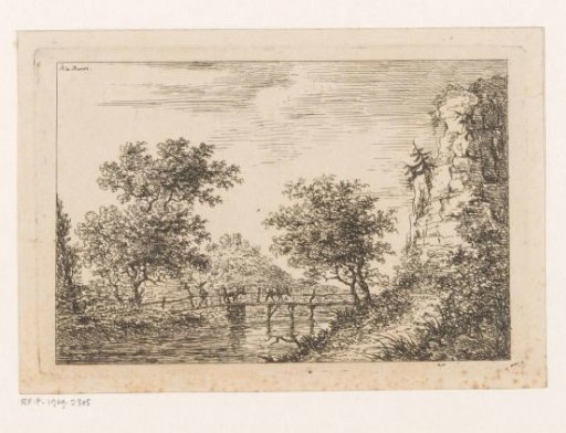 Landscape with a bridge over which a man with two cows is walking