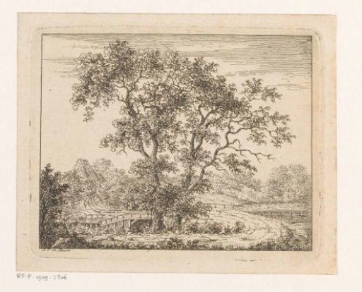 Landscape with a road curving around two trees