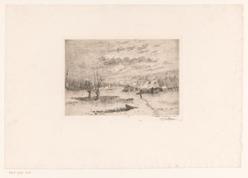 Snow Landscape with Pond and a Village in the Background