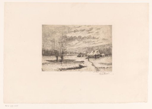 Snow Landscape with Pond and a Village in the Background