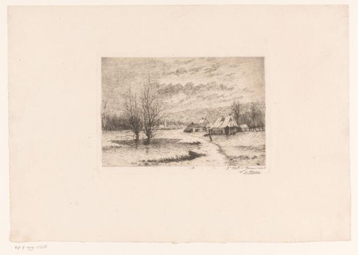 Snow Landscape with Pond and a Village in the Background