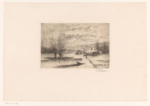 Snow Landscape with Pond and a Village in the Background