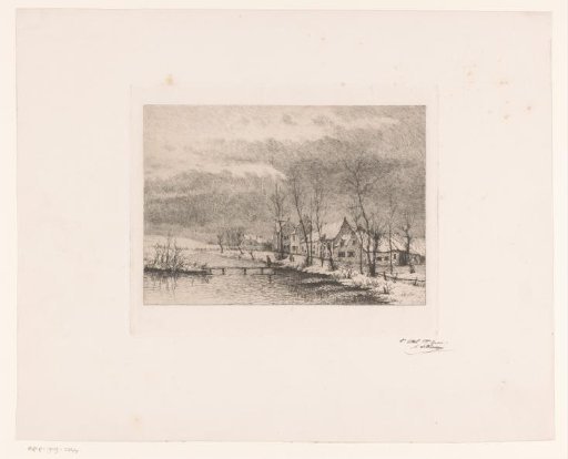 Snow View with Village Houses at a Pond