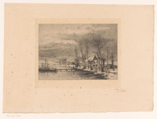 Snow View with Village Houses at a Pond