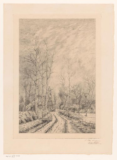 Country Road with a Few Tall, Leafless Trees and Farmhouses
