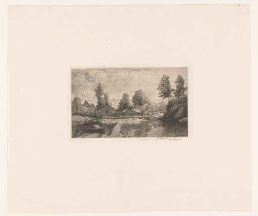 Farms behind a Lake with a Rowing Boat in the Water