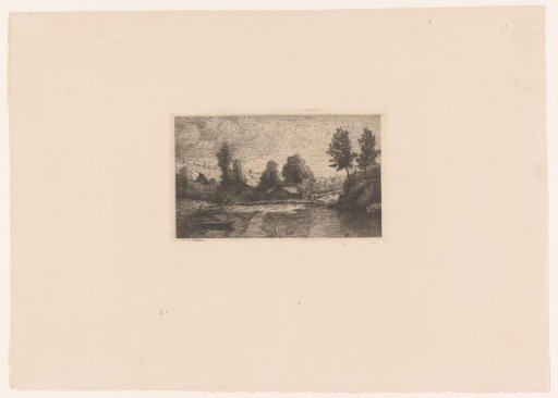 Farms behind a Lake with a Rowing Boat in the Water
