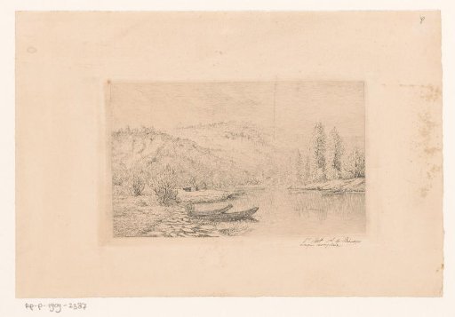 Hilly landscape with two barges along the shore