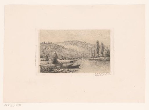 Hilly landscape with two barges along the shore