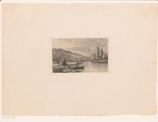 Hilly landscape with two barges along the shore