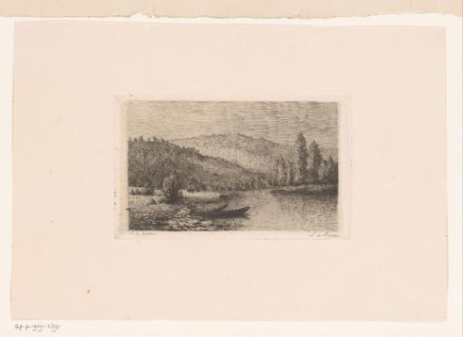 Hilly landscape with two barges along the shore