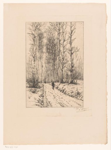 Snowy forest path with a hunter
