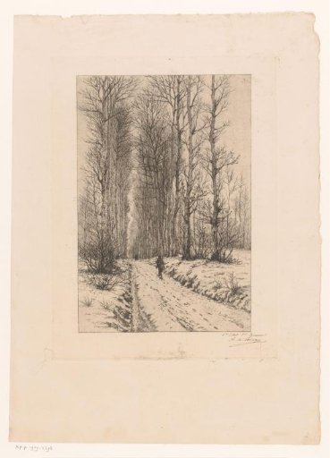 Snowy forest path with a hunter