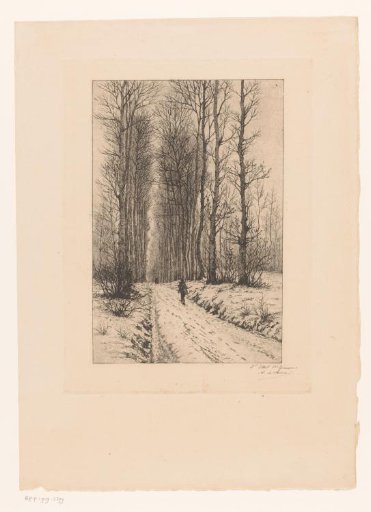 Snowy forest path with a hunter