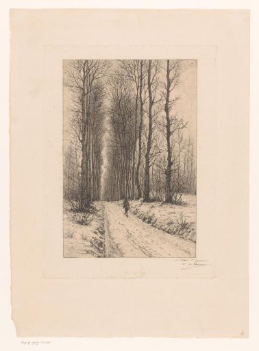 Snowy forest path with a hunter