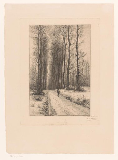 Snowy forest path with a hunter