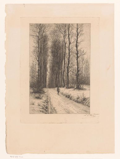 Snowy forest path with a hunter