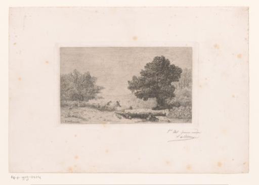 Landscape with two woodcutters sawing a tree trunk