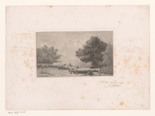 Landscape with two woodcutters sawing a tree trunk