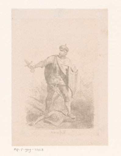 Warrior armed with shield and sword, standing on a victim
