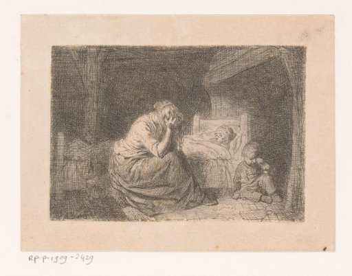 Mourning mother at the bedside of a child