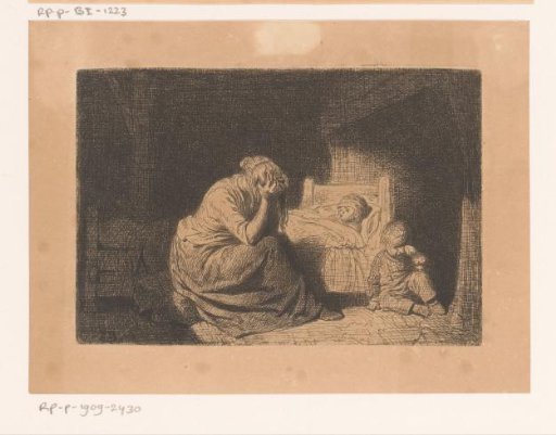 Mourning mother at the bedside of a child