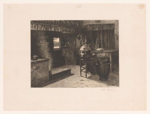 Flemish interior with a woman at the kitchen table