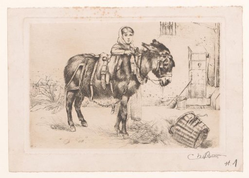 Girl with a donkey in a courtyard