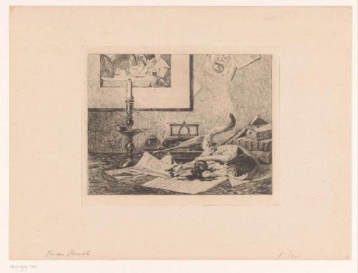 A playing cat knocks an inkpot over the table