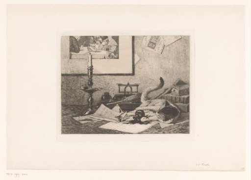 A playing cat knocks an inkpot over the table