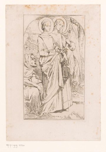 Angel leading a saint with a lantern in hand past a kneeling man