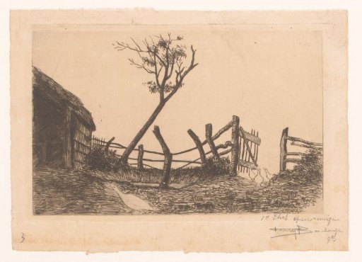 Landscape with three geese near a dilapidated fence