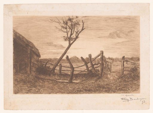 Landscape with three geese near a dilapidated fence