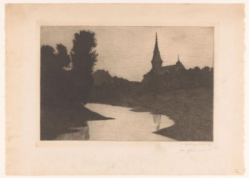 Night view of a village with a church by a waterway