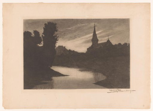 Night view of a village with a church by a waterway