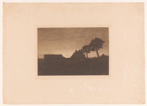 Farmhouse and two trees at sunset