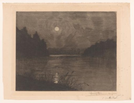 Moonlight on a lake surrounded by trees