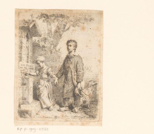 Two blind children placing money at a Marian altar