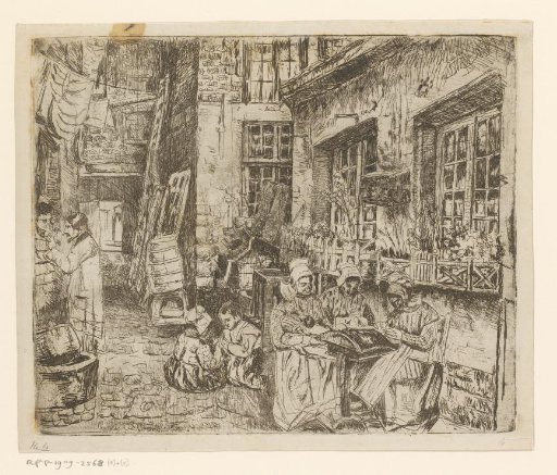 Street with lace workers at work