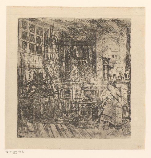 Seamstress in an interior by the stove