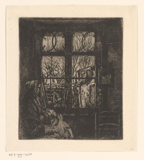 Interior with a woman and child seated before a closed window