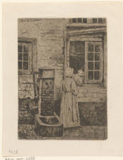 Two girls at a window and a water pump