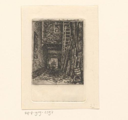 Courtyard with ladders and planks against the facade