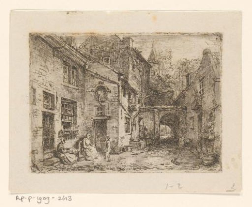 Alley with women and children doing needlework