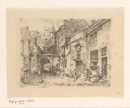Alley with women and children doing needlework