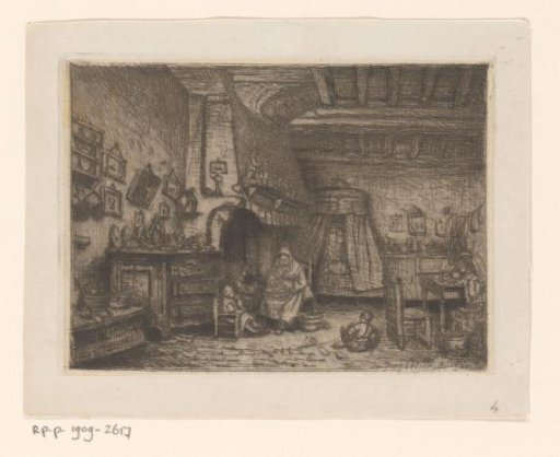 Interior with a woman and two children